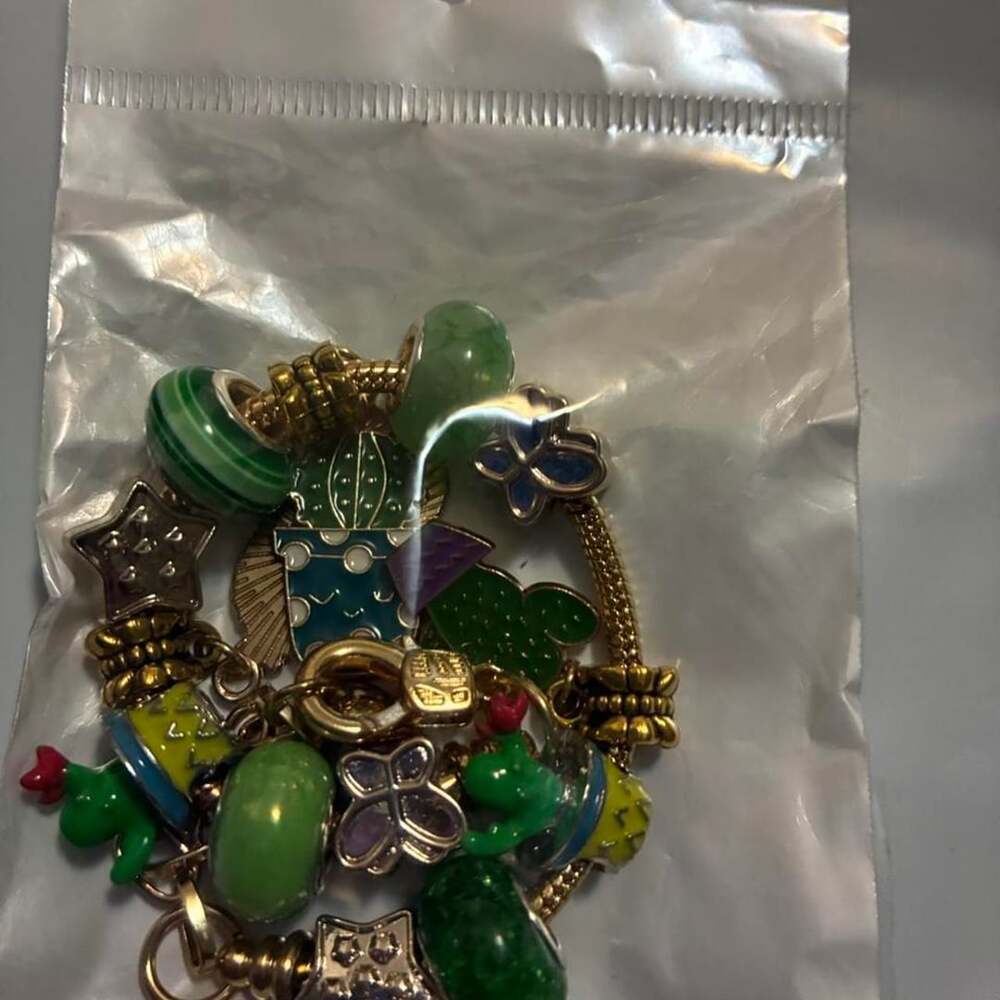 Cactus Charm Bracelet Gold Tone Green Kawaii Fashion Jewelry